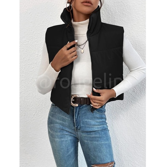 Cropped Black Puffer Vest Zip Up - Picture 2 of 7